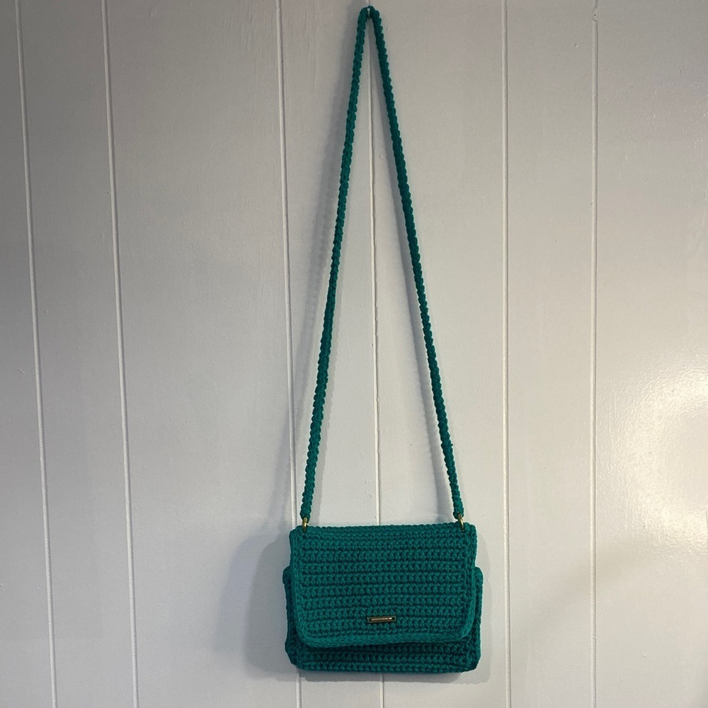 Handmade Teal Crochet Crossbody Purse Boho Festival Artisan Gold Tone OS - Picture 3 of 8